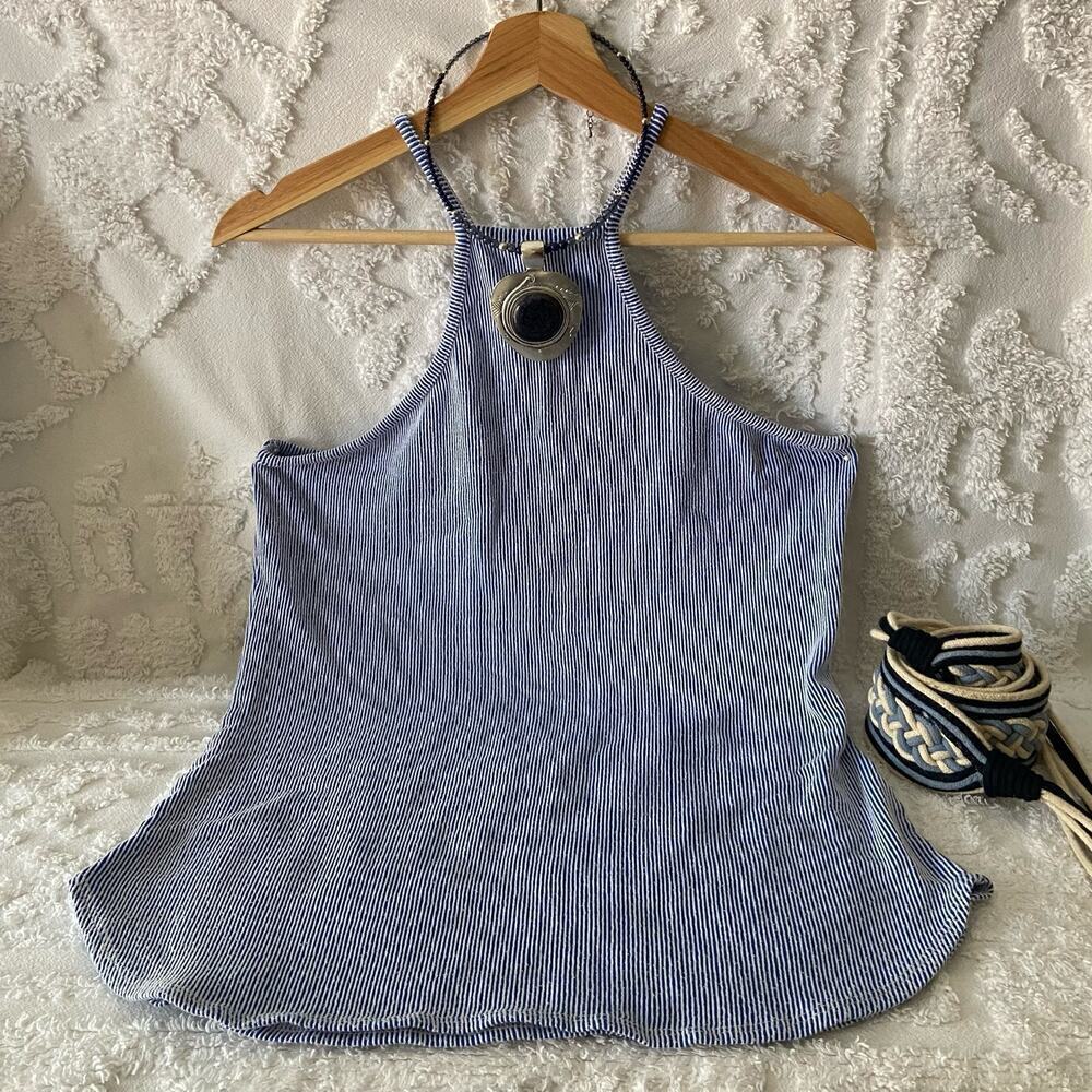 JANETTE PLUS USA Halter Tank Top Women’s Sz L Striped Blue/White Nautical Beachy